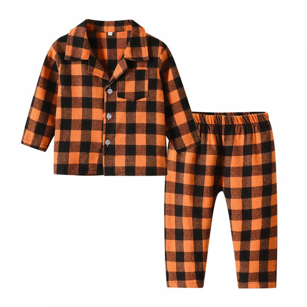 Spring New Plaid Long Sleeve Cotton Cardigan Pajamas Set Wholesale Kids Clothes