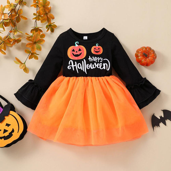 Little Girls Halloween Pumpkin Print Mesh Dress Wholesale Girls Dress
