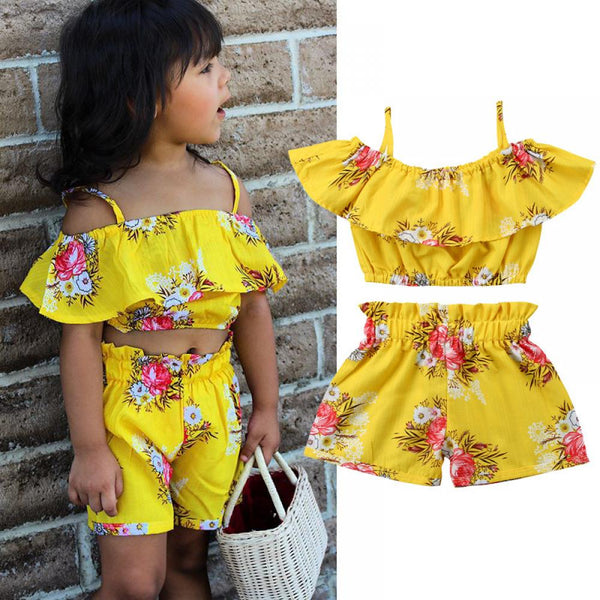 Toddler Girls Summer Suspenders And Fungus Fringed Floral Top + Shorts Suit Wholesale Girls Clothes