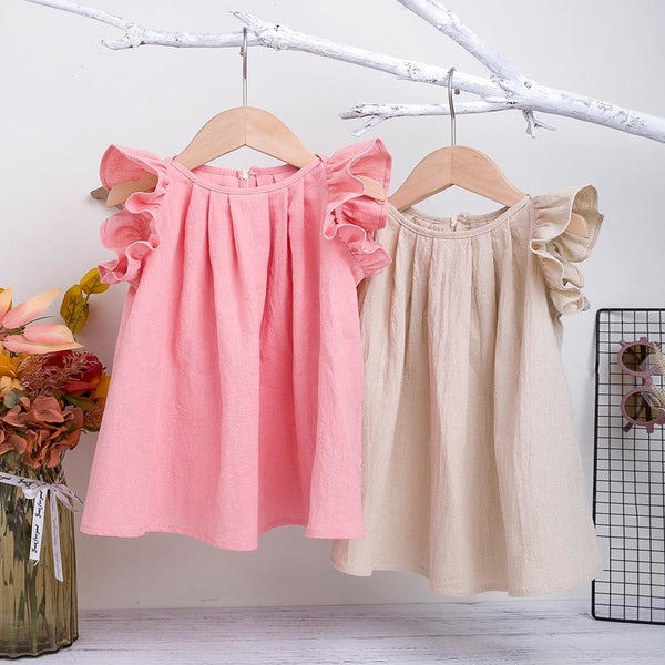Summer Girl Flying Sleeve Cotton Khaki Princess Dress Wholesale