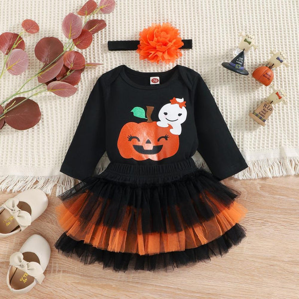 Autumn and Winter Girls' Halloween Printed Romper Dress Three-piece Suit Wholesale Baby Girls Clothes