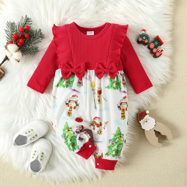 Baby Snowman Print Christmas Bow Jumpsuits Wholesale Baby Girls Clothes