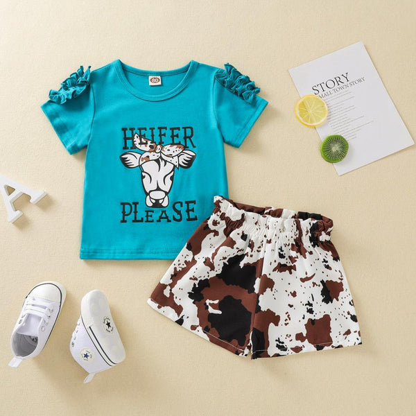 Lace Letter Animal Print T-Shirt Shorts Summer Set Wholesale Girls Clothes