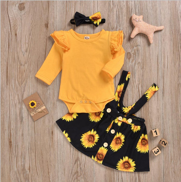 Autumn Baby Girl Long-sleeved Romper Sunflower Suspender Skirt Three-piece Suit Wholesale Girl Clothing
