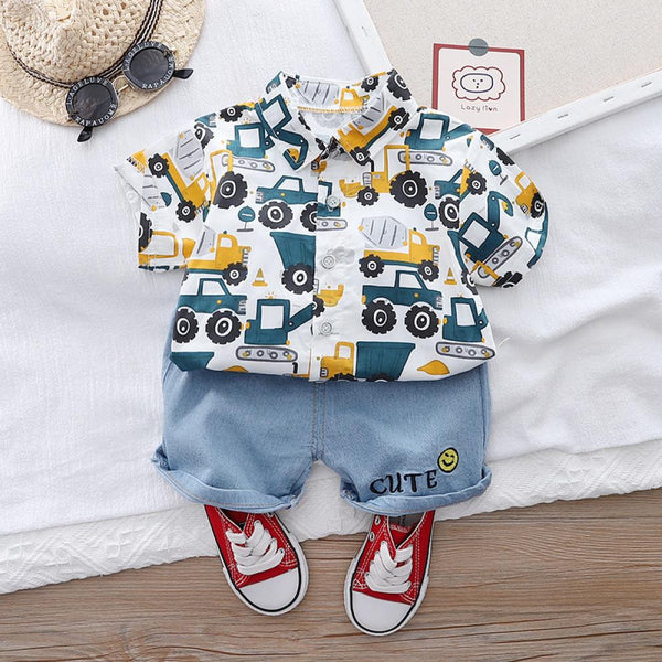 Boys Summer Bee Car T-shirt and Denim Shorts Set Wholesale Boy Clothes
