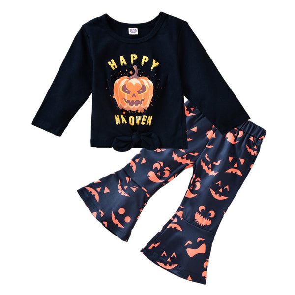 Boys and Girls Halloween Happy Jack-o-lantern Flared Pants Two-Piece Set Wholesale Kids Clothes