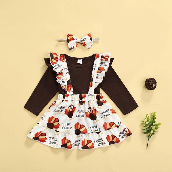 Girls Thanksgiving Long Sleeve Rombo Turkey Suspender Skirt + Hairband Three Piece Set Wholesale Girls Clothing