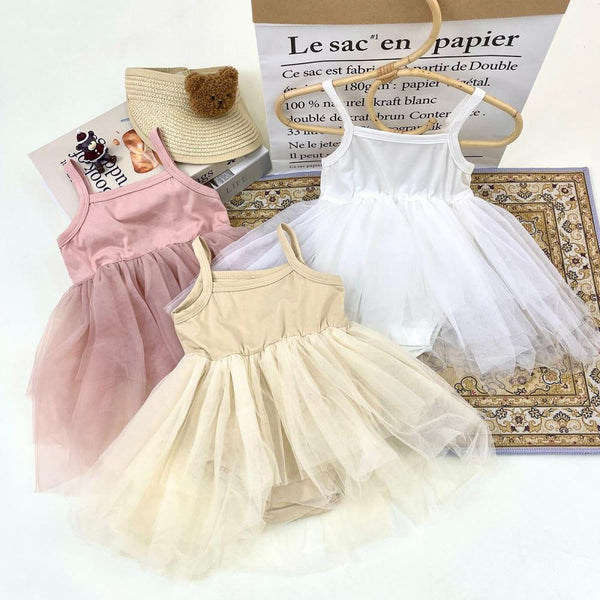 Summer Girls Solid Color Condole Belt Jumpsuit Mesh Princess Skirt Wholesale Baby Clothes