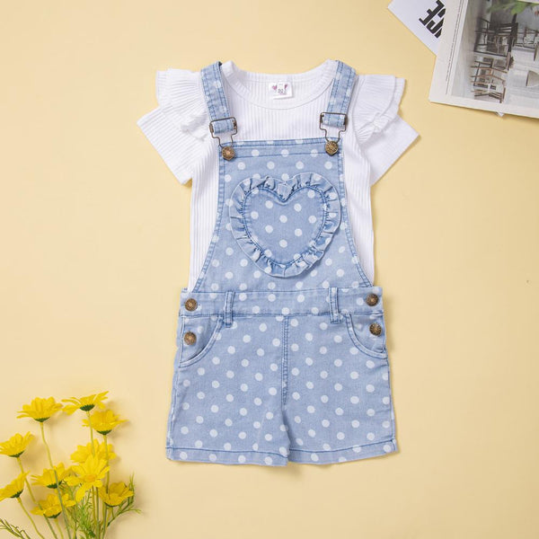 Toddler Girls Summer Solid Top And Polka Dot Suspenders Set Wholesale Girl Boutique Clothing