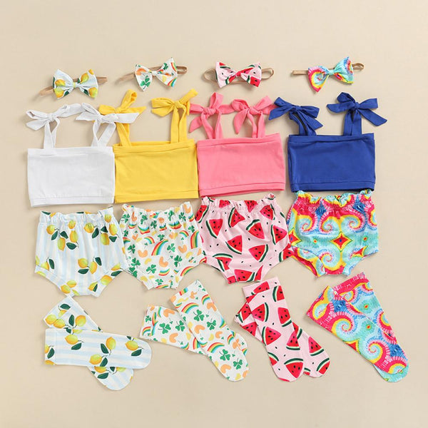 Baby Girl Sets Summer Treasure Camisole Printed Shorts Medium Tube Socks Hairband Four-piece Set Wholesale Baby Clothes Suppliers