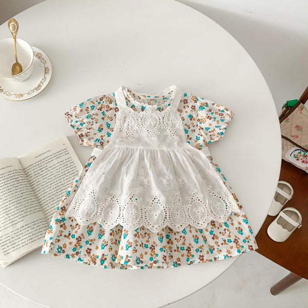 Girls Dress Summer Baby Floral Short Sleeve Skirt Maid Lace Apron Two-piece Set Wholesale