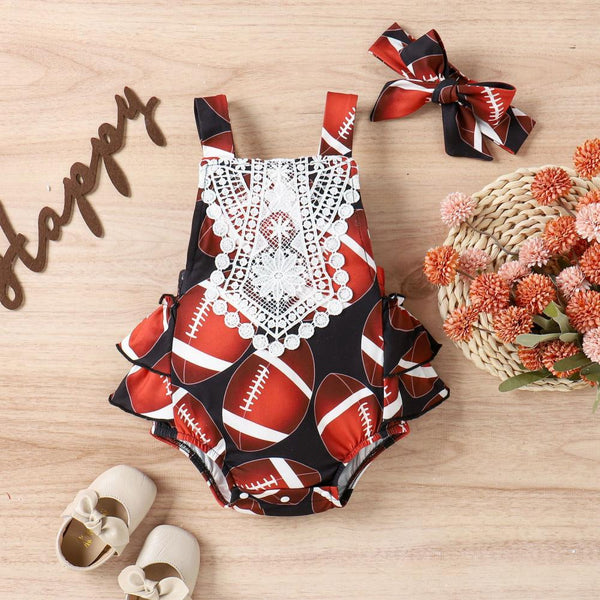 New Baby Girl Summer Conjoined Rugby Printing Strap Romper + Hairband Wholesale Girls Clothes