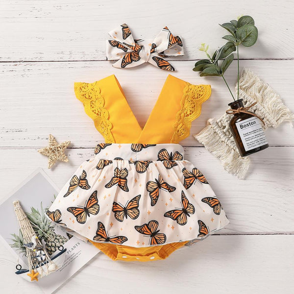 Summer V-Neck Sleeveless Butterfly Print One Piece Dress + Headband Jumpsuit Wholesale Baby Girls Clothes