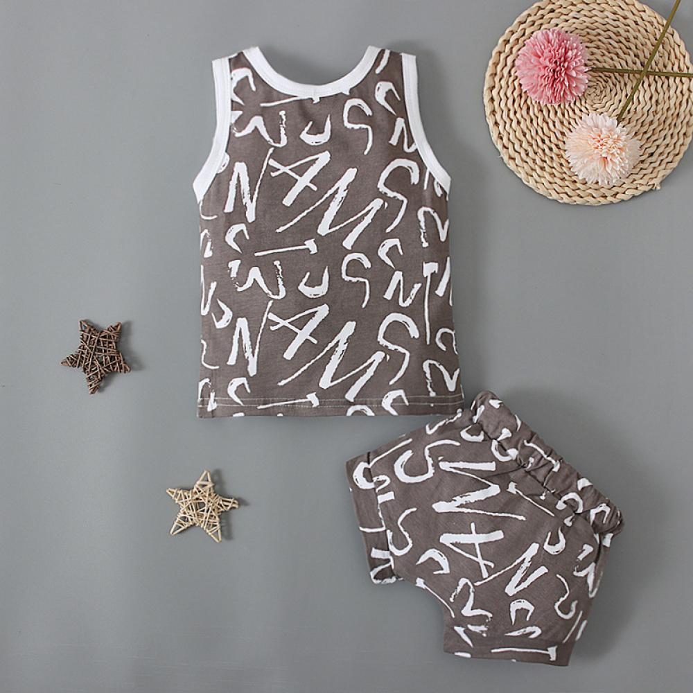 Baby Boys and Girls Summer Set Sleeveless Leaf Lettered Vest T-shirt Top + Shorts Buy Baby Clothes Wholesale
