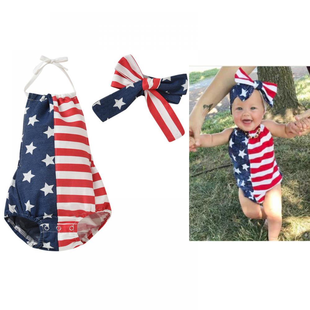 American Independence Day Infant Romper Children's Clothing American Flag Sling Jumpsuit Wholesale Baby Clothes