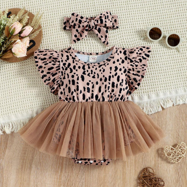 Newborn Girls Summer Leopard Tulle Dress Romper With Headband Set Baby Boutique Clothes Wholesale