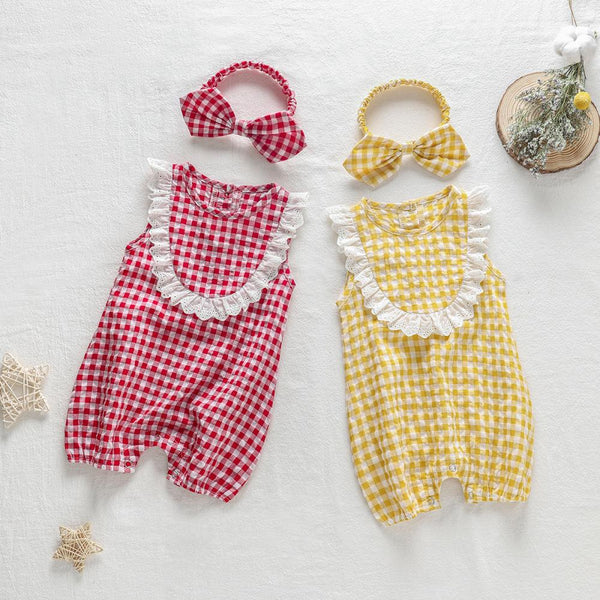 Newborn Baby Girls Summer Romper Lace Sleeveless Plaid Jumpsuit Baby Clothing Cheap Wholesale