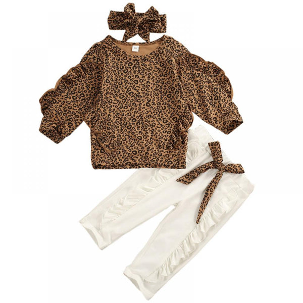 Girls Spring and Autumn  Leopard Top and Pants With Headband Set Wholesale Baby Girl Clothes