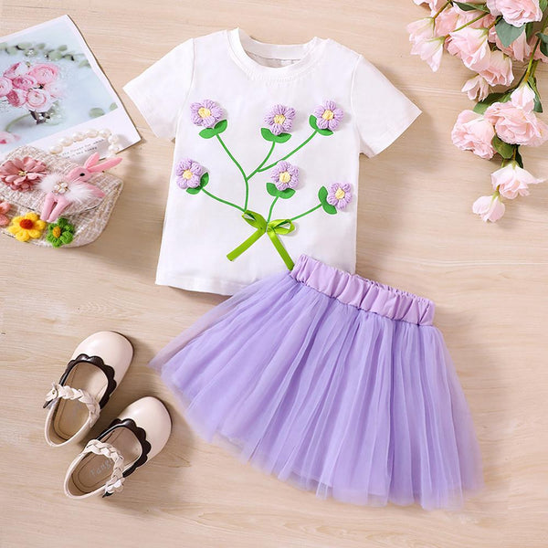 Children's Clothing Girl's Summer Plant Embroidered Skirt Set Wholesale Girls Clothes