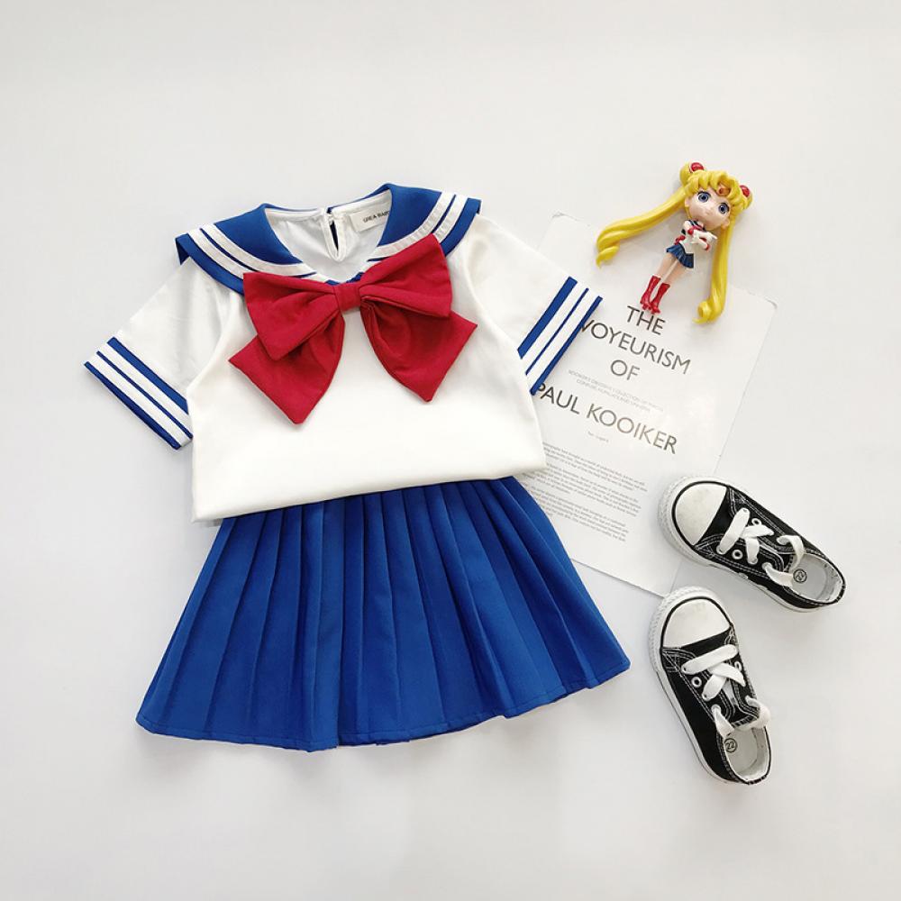 Toddler Girls Set Summer School Style Bow Top + Pleated Skirt Children Clothing Wholesale Usa
