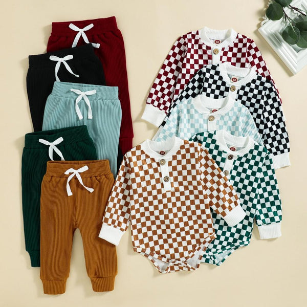 Autumn Winter Unisex Baby Checkerboard Pit Strip Romper + Pants Set Wholesale Baby Clothes