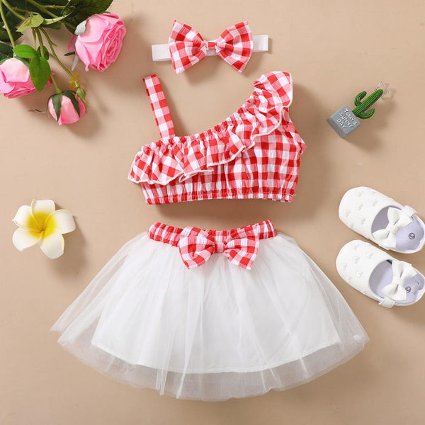 Baby Girls Summer Set Plaid Sleeveless Blouse and Mesh Skirt Wholesale Baby Clothes In Bulk