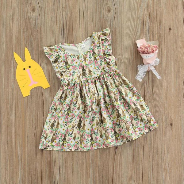 Girls Dress Easter Bunny Print Small Fly Sleeve Zipper Skirt Wholesale Girls Clothes