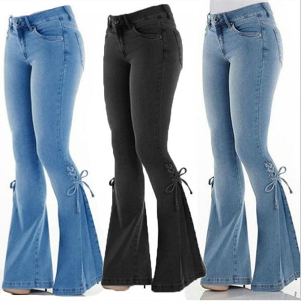 Women's Jeans Mid-waist Lace-up Denim Stretch Flared Pants Wholesale