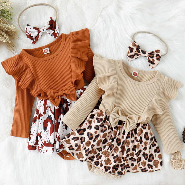 Spring And Autumn New Baby Girl Lace Long Sleeve Leopard Print Skirt Romper Wholesale Girls Clothes