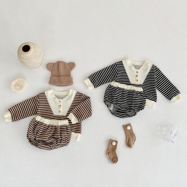 Unisex Autumn Baby Striped Pullover Top + Shorts Set Wholesale Baby Clothes