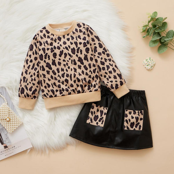 Girls Autumn and Winter Leopard Print Sweater Short Leather Skirt Suit Wholesale Girls Clothes