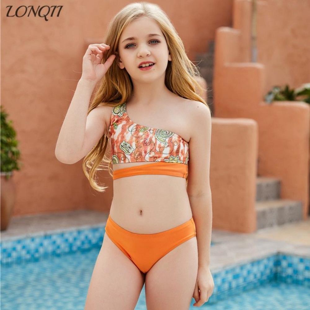 Toddler Girls Bikini Swimwear Amazon Hollowed-out Printing Diagonal Single Shoulder Split Set Wholesale Plus Size Swimsuits