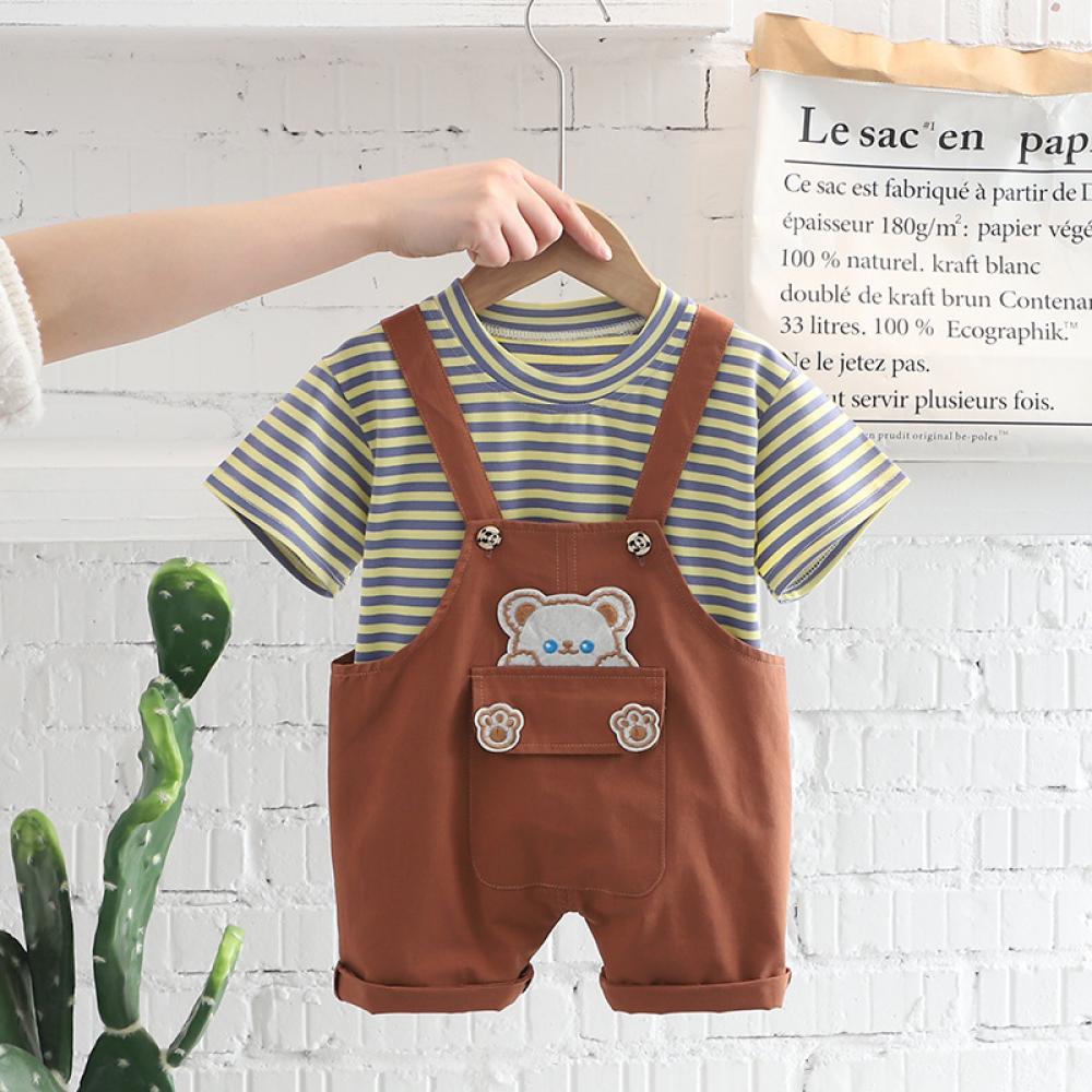 Toddler Boys Summer Stripe Top and Bear Suspenders Set Baby Boys Clothes Wholesale