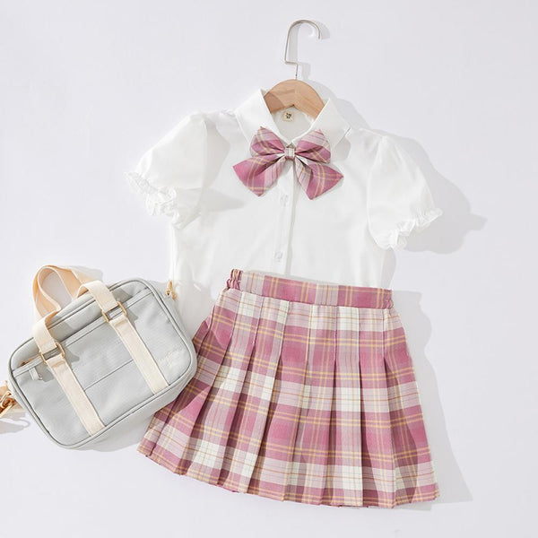 Girls Summer Set JK Uniform School Top and Plaid Pleat Skirt Set Baby Girl Clothes Wholesale