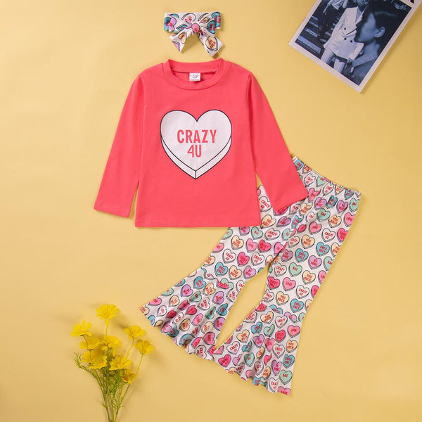 Spring Girls Cute Valentine's Day Suit Love Long Sleeve Jacket Flared Pants Wholesale