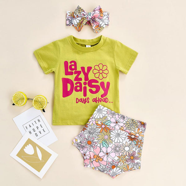 Girls Suit Summer Letter Print Top Flower Shorts Hairband Three-piece Set Wholesale Baby Girl Clothing