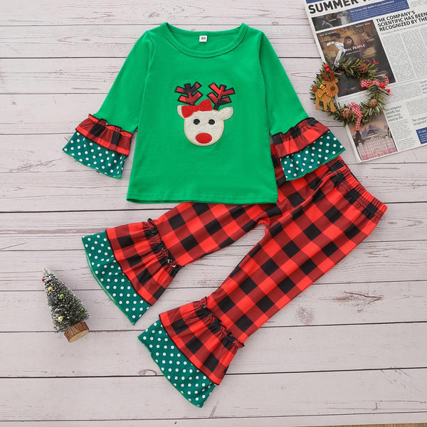 Christmas Suit Girls Deer Head Embroidered Top Plaid Flared Pants Set Wholesale Girls Clothes