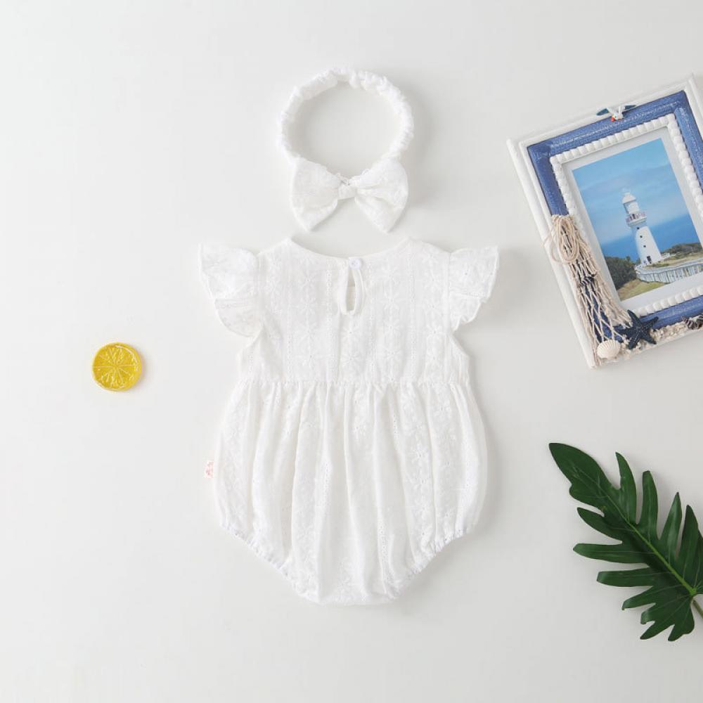 Newborn Baby Girls Summer Lace Breathable Cotton Fly Sleeve Solid Color Romper Wholesale Baby Rompers