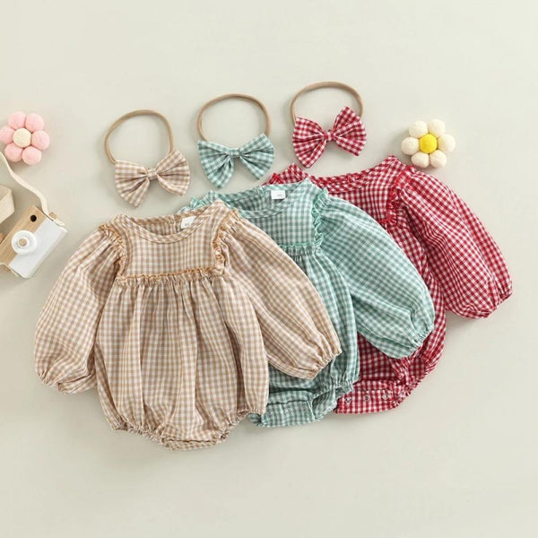 Baby Check Print Romper Headband Two-Piece Set Wholesale Baby Girls Clothes