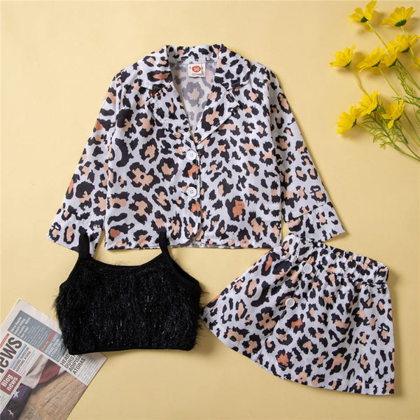 Spring and Autumn Toddler Girls Leopard Print Long Sleeve Top Lining Shorts Three Piece Set Wholesale