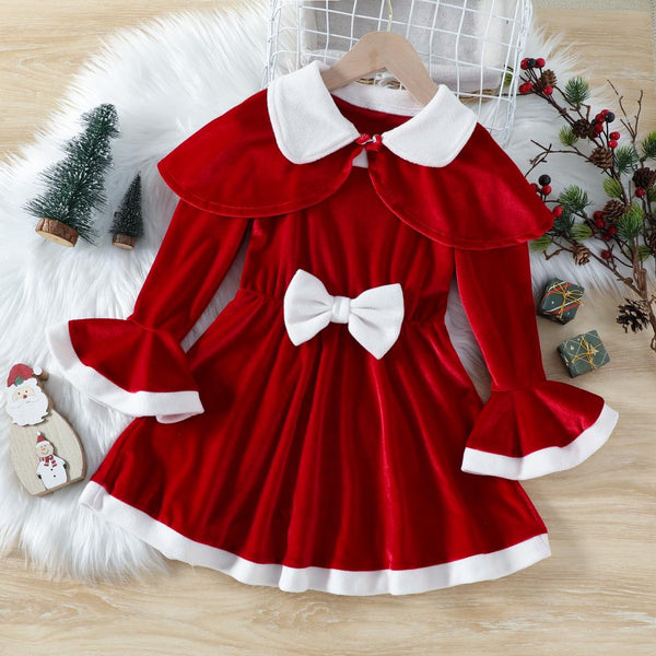Toddler Girls Autumn Christmas Cute Solid Color Cape Bow Dress Wholesale Girls Dress