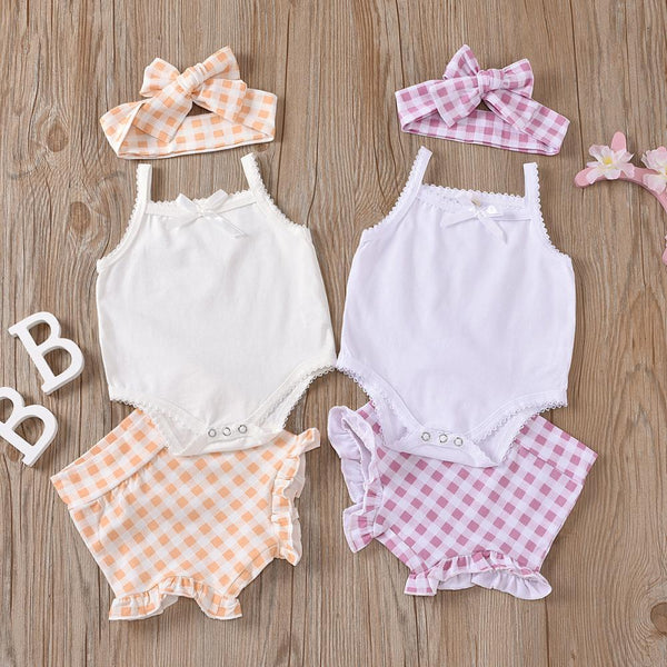 Baby Girls Summer Solid White Romper N Plaid Shorts With Headband Set Cheap Boutique Baby Clothing