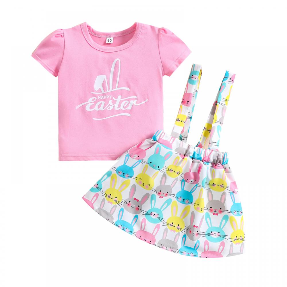Toddler Girls Set Letter Printed T-shirt + Rabbit Suspender Skirt Set Easter Day Wholesale Baby Girl Clothes