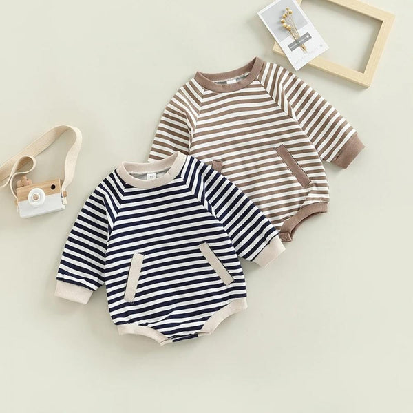 Autumn Baby Bodysuit Striped Print Pocket Triangle Romper Wholesale Baby Children Clothes