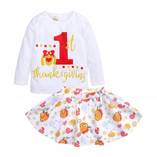 Thanksgiving Girls Pumpkin Print Skirt Girls Long Sleeve Skirt Set Wholesale Girls Clothes