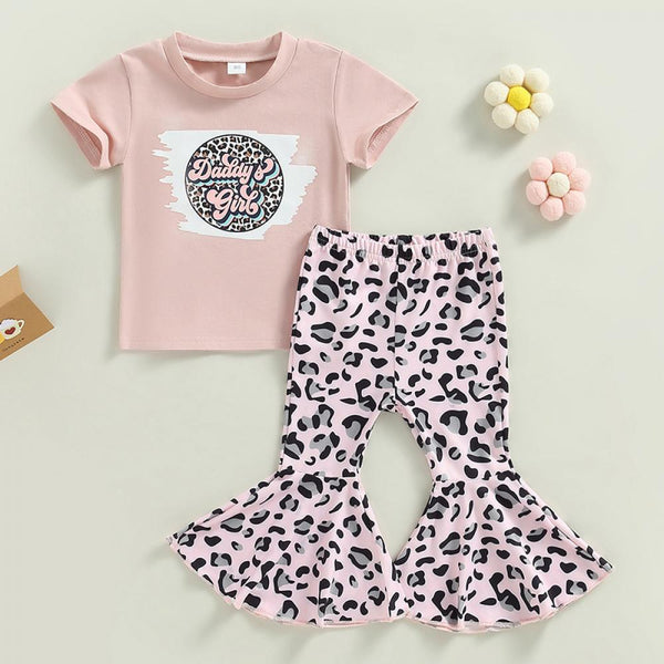 Spring And Summer Girls Clothing Short Sleeve T-shirt Leopard Flared Pants Wholesale Girls Clothes