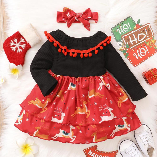 Autumn Christmas Girls Print Long-sleeve Dress + Hairband Wholesale Baby Girls Dress