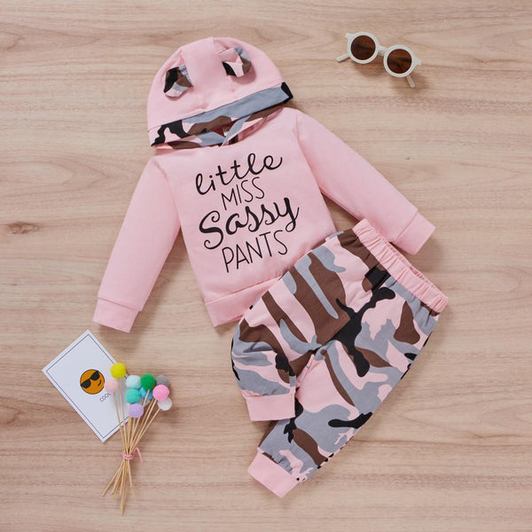Autumn Winter Camouflage Hooded Top + Pants Set Wholesale Girls Clothes