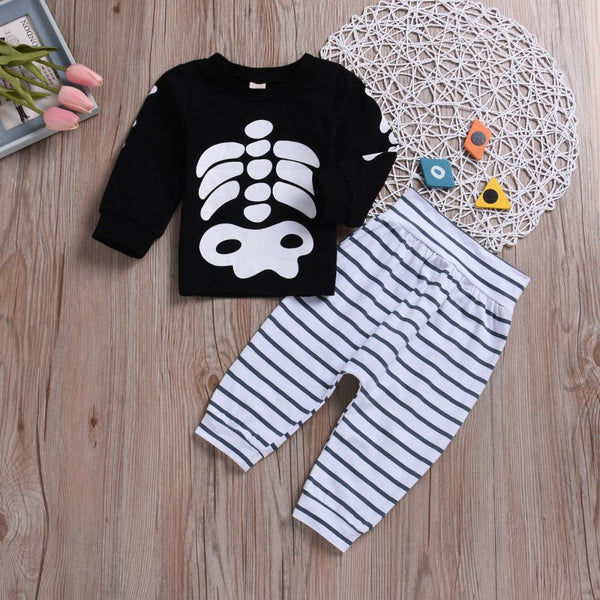 Halloween Skeleton Printed Long Sleeve + Black and White Striped Pants for Boys Wholesale