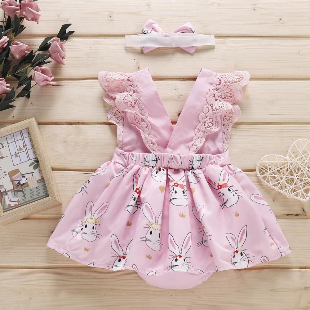 Newborn Girls Romper Rabbit Printed Lace Easter Day Bodysuit Babywear Wholesale